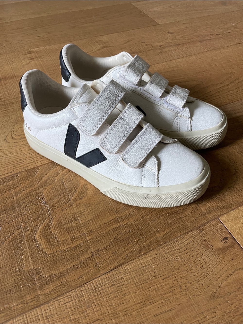 Kids Veja White Velcro Sneakers with Black Accent